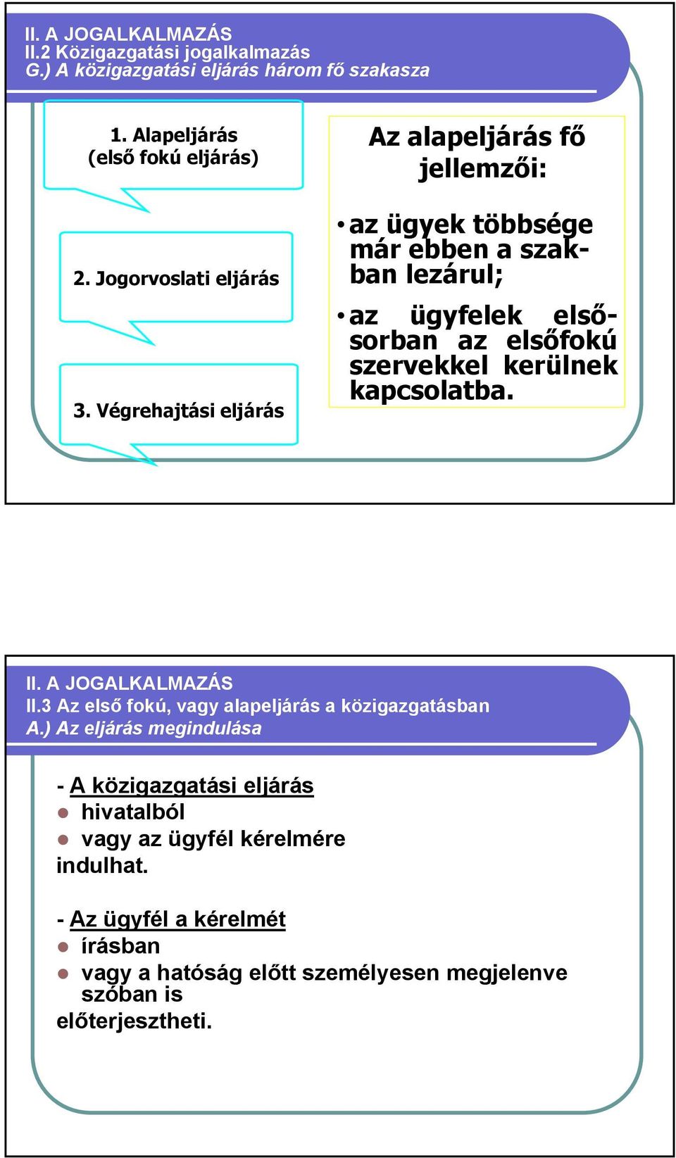 Végrehajtási eljárás Az alapeljárás fő jellemzői: az ügyek többsége már ebben a szakban lezárul; az ügyfelek elsősorban az elsőfokú szervekkel