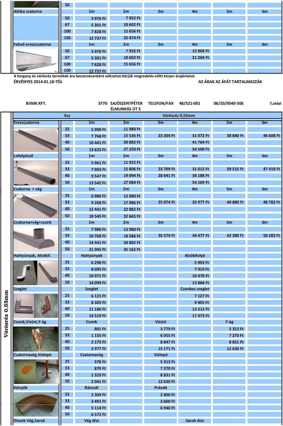 3770 SAJÓSZENTPÉTER TELEFON/FAX 48/521-001 06/20/9540-506 7,oldal Ereszcsatorna 1m 2m 3m 4m 5m 6m 25 5 990 Ft 11 980 Ft 33 7 768 Ft 15 536 Ft 23 304 Ft 31 072 Ft 38 840 Ft 46 608 Ft 40 10 441 Ft 20