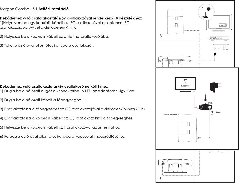 dekóderen(rf in). 2) Helyezze be a koaxiális kábelt az antenna csatlakozójába. 3) Tekerje az órával ellentétes irányba a csatlakozót.