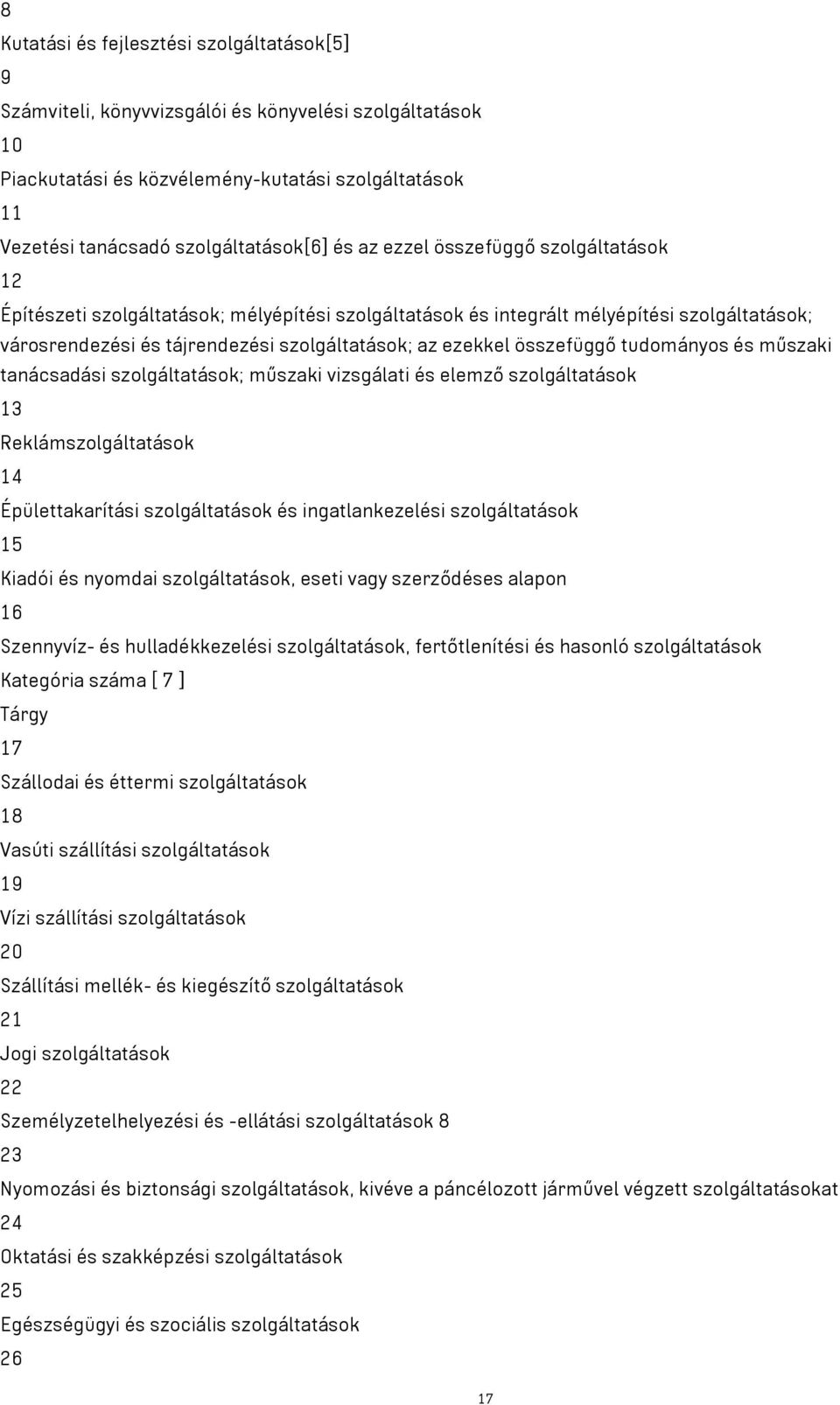 összefüggő tudományos és műszaki tanácsadási szolgáltatások; műszaki vizsgálati és elemző szolgáltatások 13 Reklámszolgáltatások 14 Épülettakarítási szolgáltatások és ingatlankezelési szolgáltatások