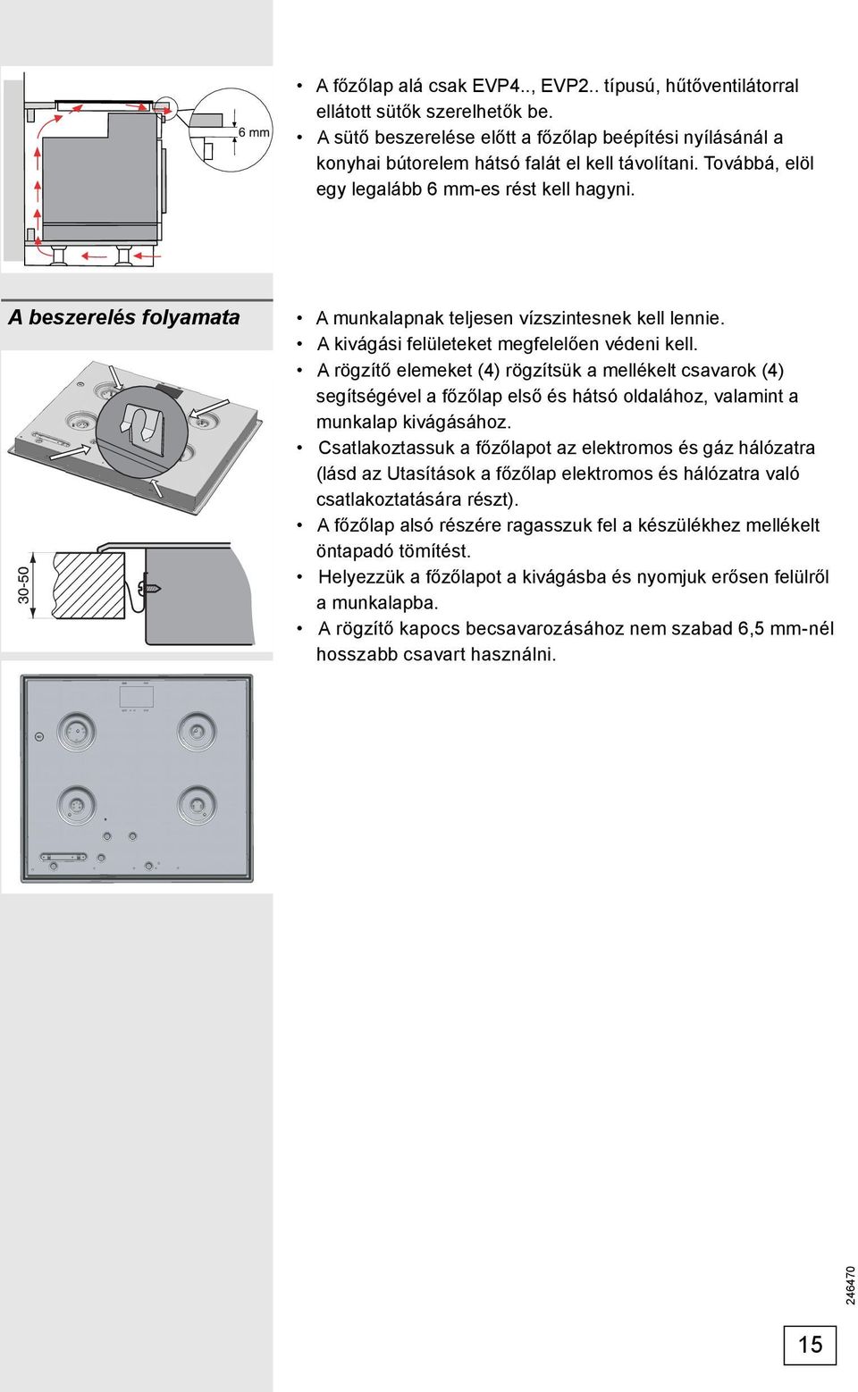 A rögzítő elemeket (4) rögzítsük a mellékelt csavarok (4) segítségével a főzőlap első és hátsó oldalához, valamint a munkalap kivágásához.