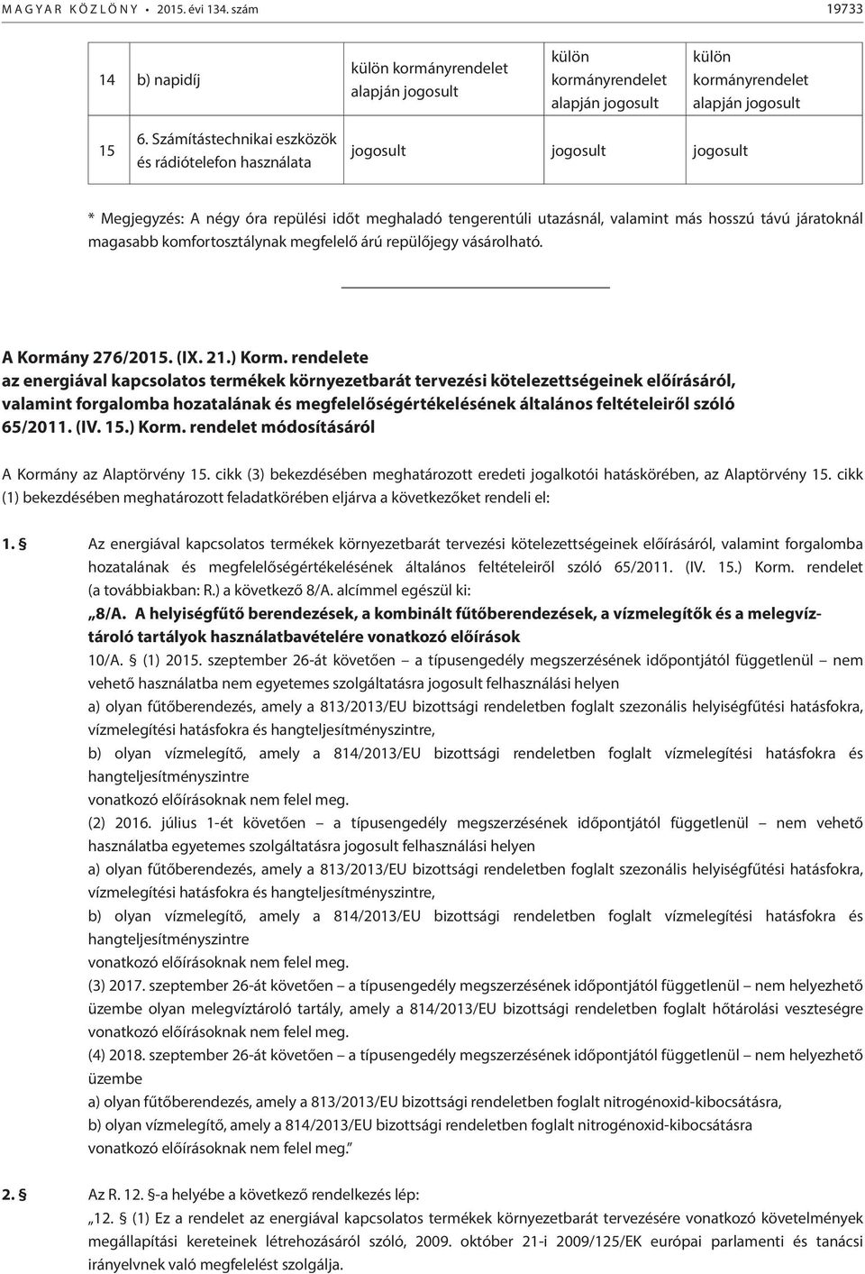 komfortosztálynak megfelelő árú repülőjegy vásárolható. A Kormány 276/2015. (IX. 21.) Korm.