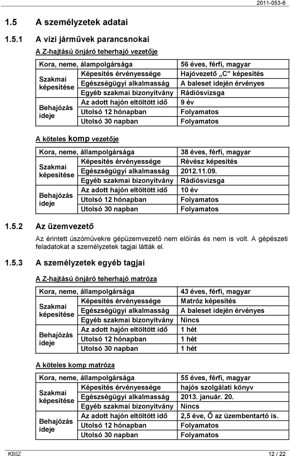 Folyamatos Folyamatos A köteles komp vezetője Kora, neme, állampolgársága 38 éves, férfi, magyar Képesítés érvényessége Révész képesítés Szakmai Egészségügyi alkalmasság 2012.11.09.