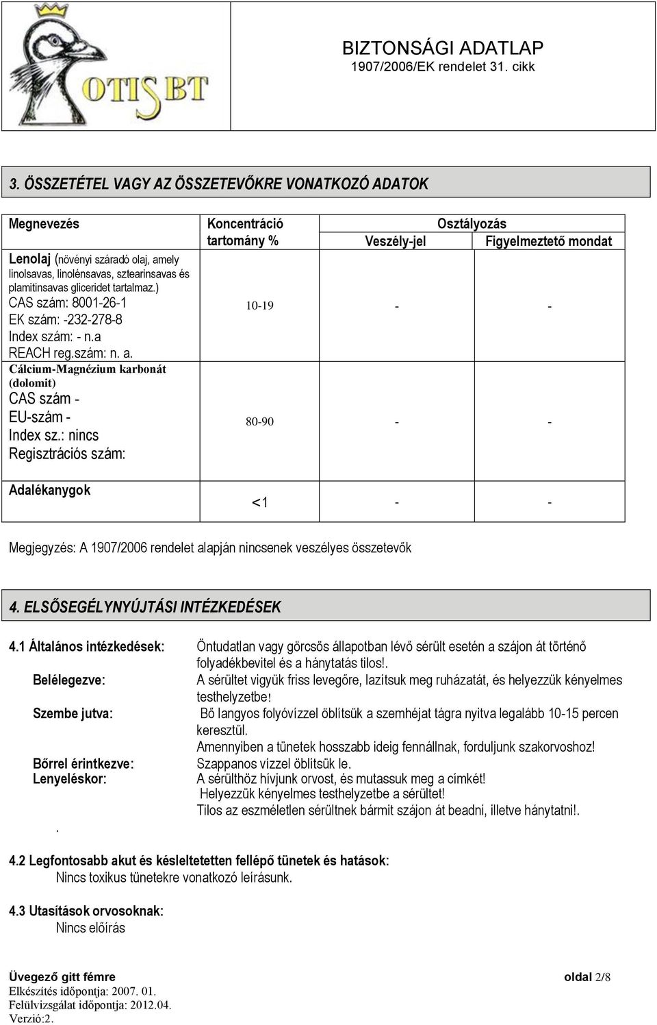 : nincs Regisztrációs szám: Adalékanygok Koncentráció tartomány % Veszély-jel Osztályozás Figyelmeztető mondat 10-19 - - 80-90 - - <1 - - Megjegyzés: A 1907/2006 rendelet alapján nincsenek veszélyes