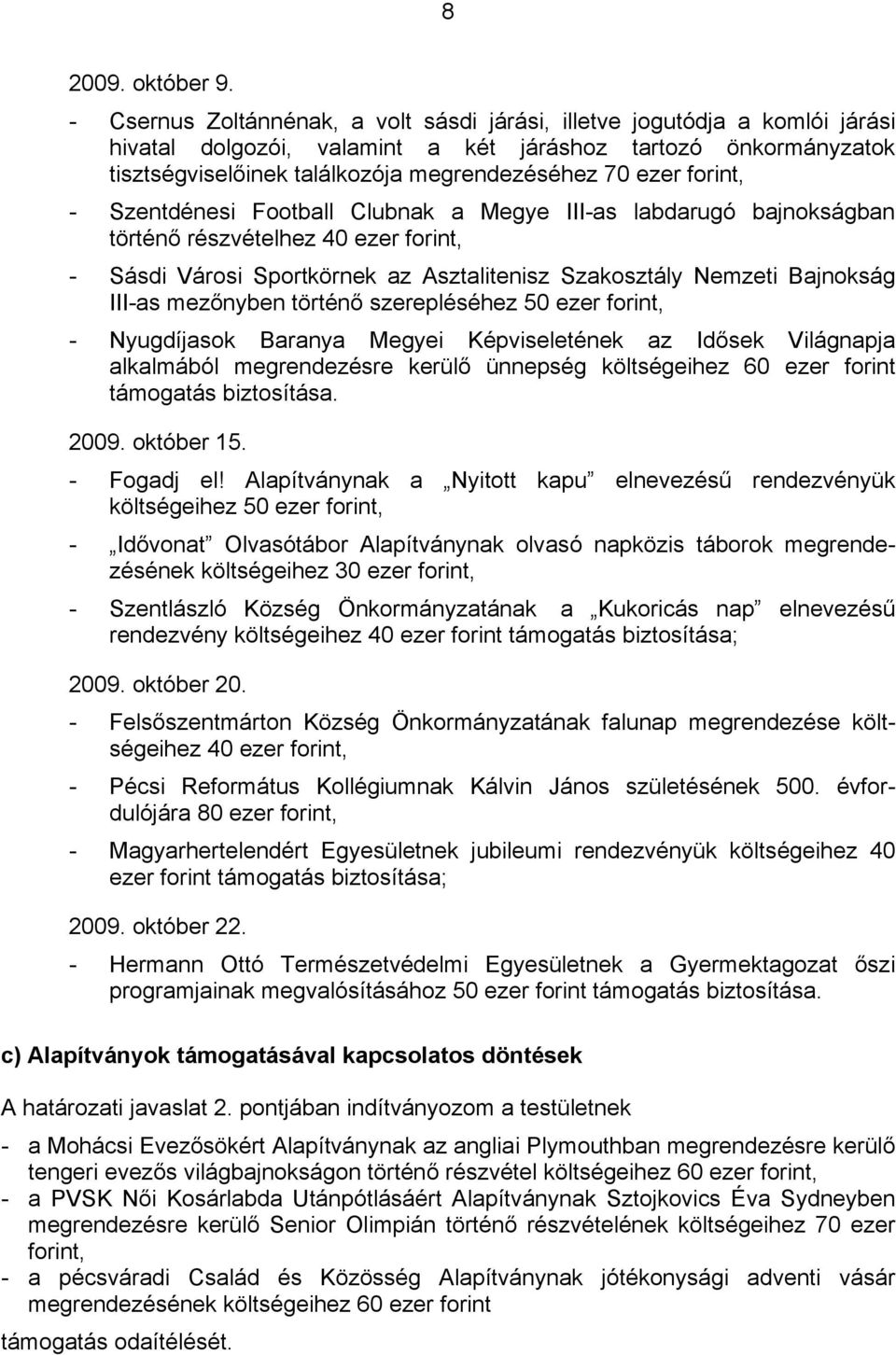 forint, - Szentdénesi Football Clubnak a Megye III-as labdarugó bajnokságban történő részvételhez 40 ezer forint, - Sásdi Városi Sportkörnek az Asztalitenisz Szakosztály Nemzeti Bajnokság III-as