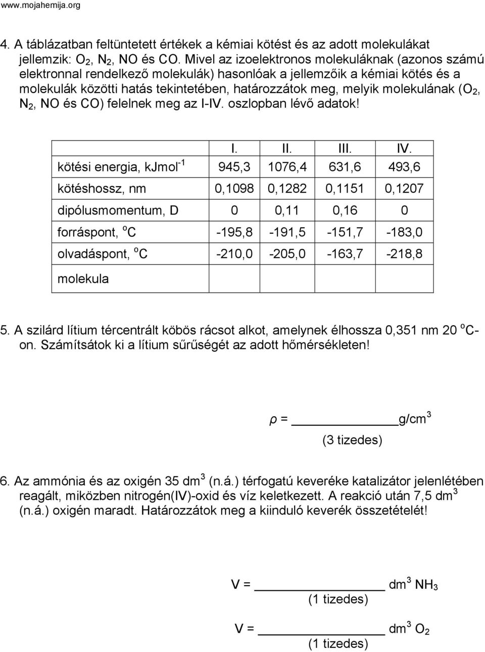 molekulának (О 2, N 2, NO és CO) felelnek meg az I-IV. oszlopban lévő adatok! I. II. III. IV.