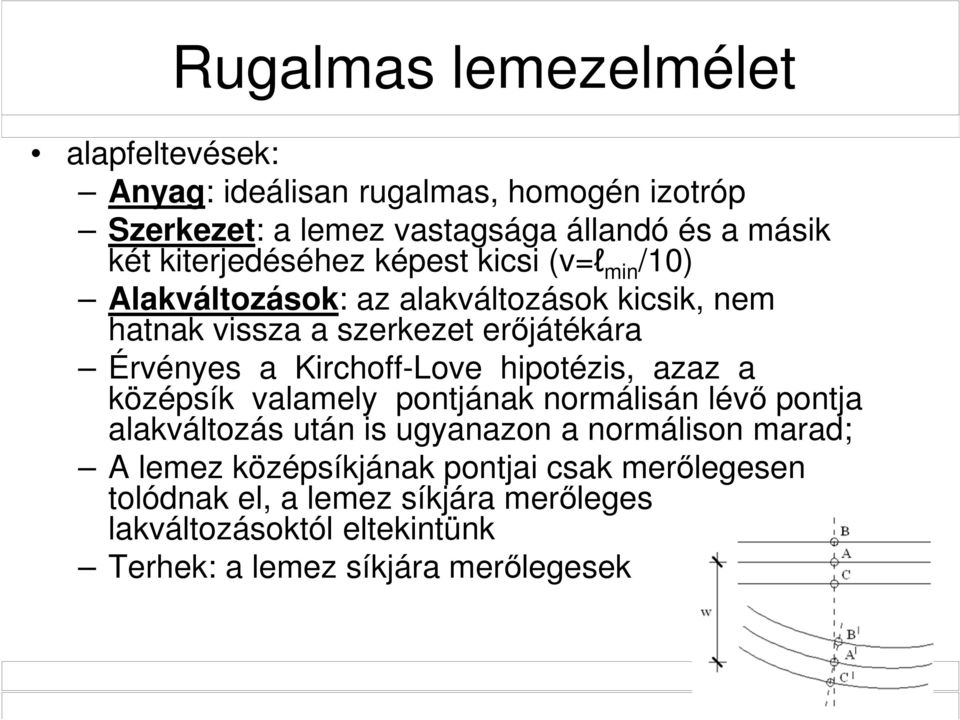 Kirchoff-Love hipotézis, azaz a középsík valamely pontjának normálisán lévő pontja alakváltozás után is ugyanazon a normálison marad; A