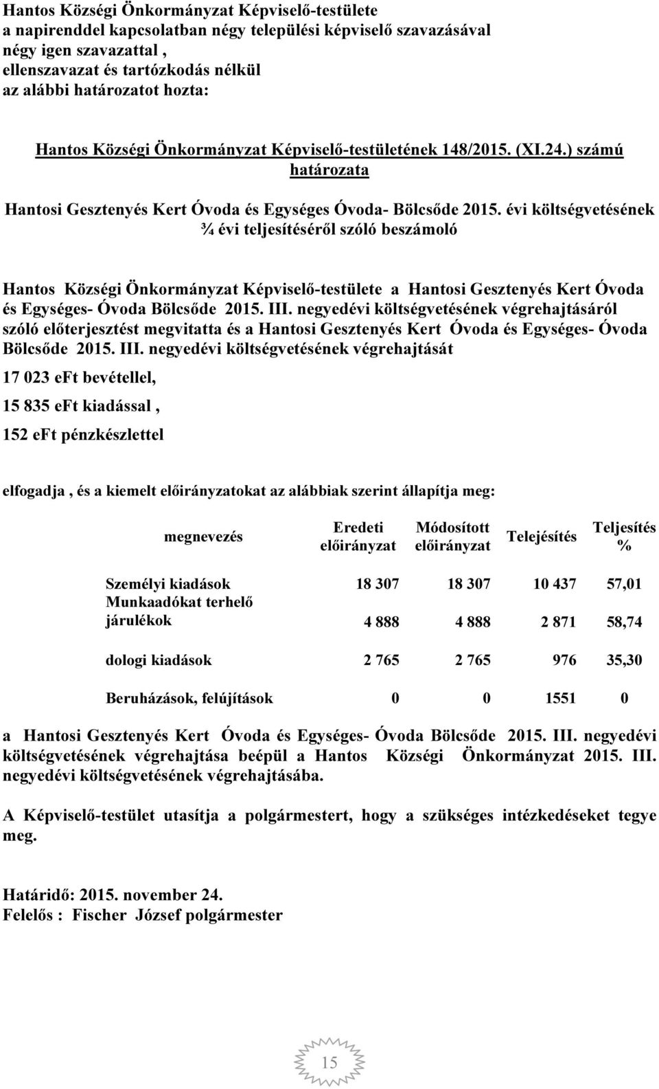 évi költségvetésének ¾ évi teljesítéséről szóló beszámoló Hantos Községi Önkormányzat Képviselő-testülete a Hantosi Gesztenyés Kert Óvoda és Egységes- Óvoda Bölcsőde 2015. III.