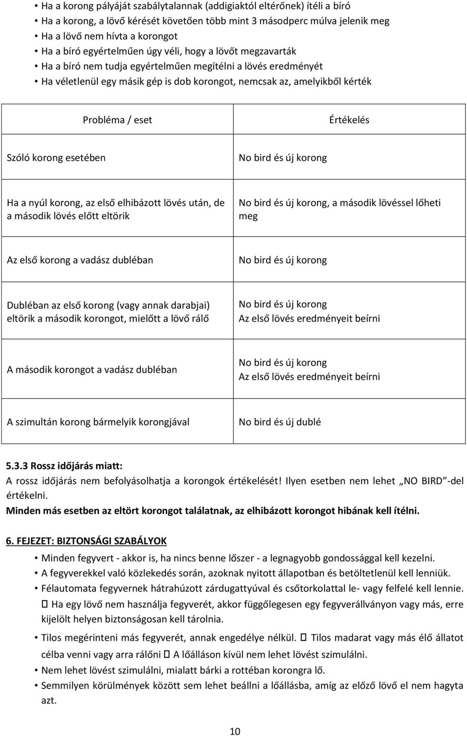 eset Értékelés Szóló korong esetében No bird és új korong Ha a nyúl korong, az első elhibázott lövés után, de a második lövés előtt eltörik No bird és új korong, a második lövéssel lőheti meg Az első