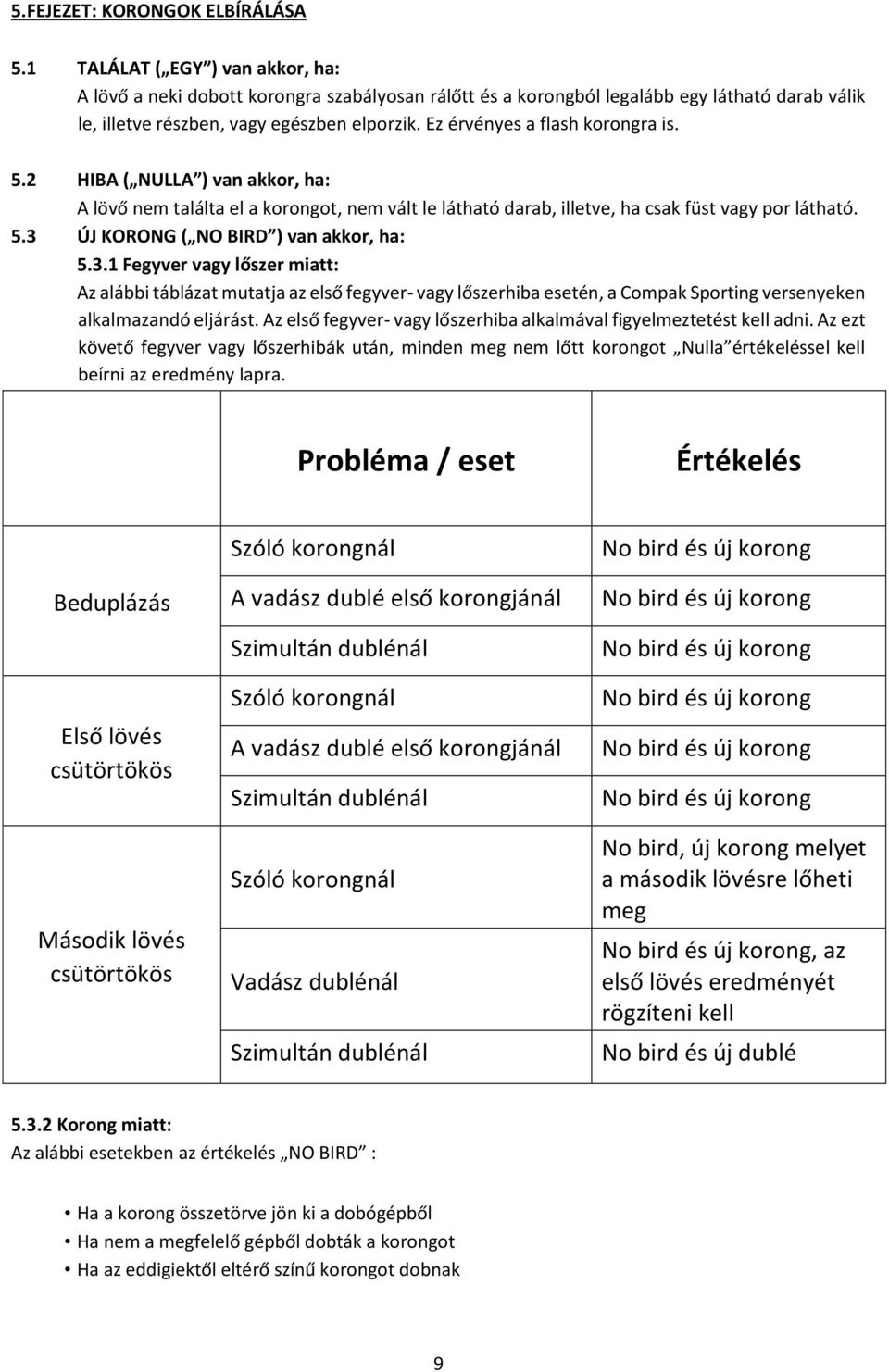 Ez érvényes a flash korongra is. 5.2 HIBA ( NULLA ) van akkor, ha: A lövő nem találta el a korongot, nem vált le látható darab, illetve, ha csak füst vagy por látható. 5.3 ÚJ KORONG ( NO BIRD ) van akkor, ha: 5.