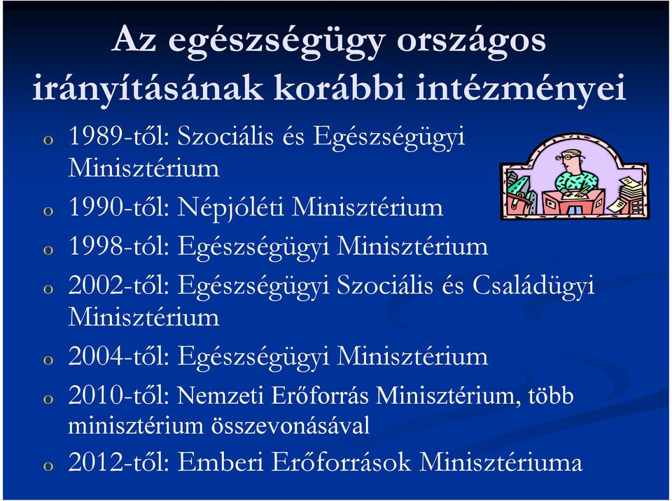 Egészségügyi Szociális és Családügyi Minisztérium o 2004-tıl: Egészségügyi Minisztérium o 2010-tıl: