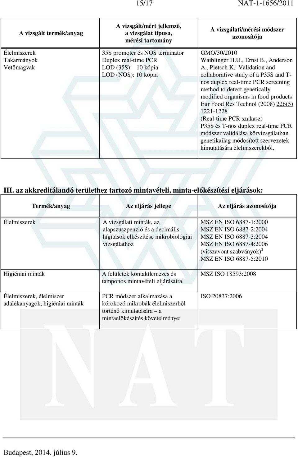 ( szakasz) P35S és T-nos duplex real-time PCR módszer validálása körvizsgálatban genetikailag módosított szervezetek kimutatására élelmiszerekből. III.