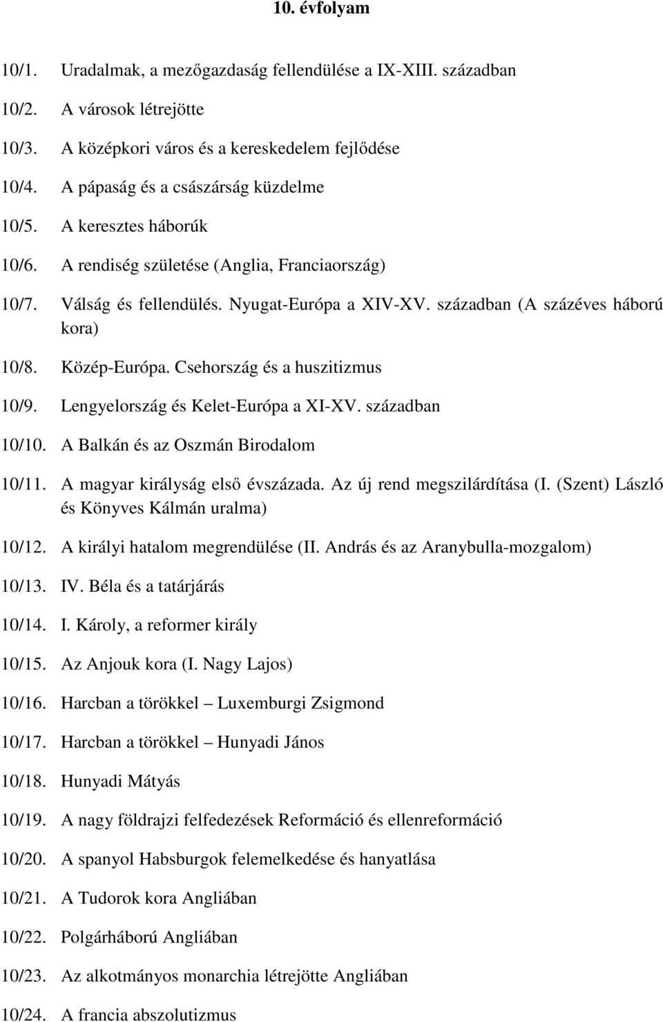 században (A százéves háború kora) 10/8. Közép-Európa. Csehország és a huszitizmus 10/9. Lengyelország és Kelet-Európa a XI-XV. században 10/10. A Balkán és az Oszmán Birodalom 10/11.