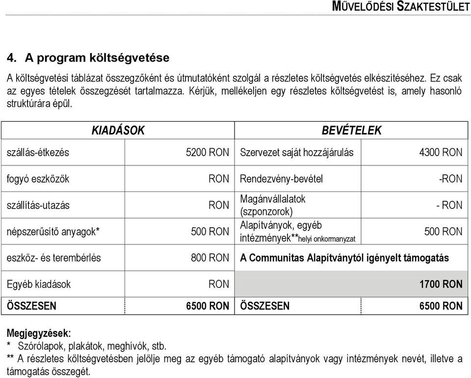 KIADÁSOK BEVÉTELEK szállás-étkezés 5200 RON Szervezet saját hozzájárulás 4300 RON fogyó eszközök RON Rendezvény-bevétel -RON szállítás-utazás népszerűsítő anyagok* RON 500 RON Magánvállalatok