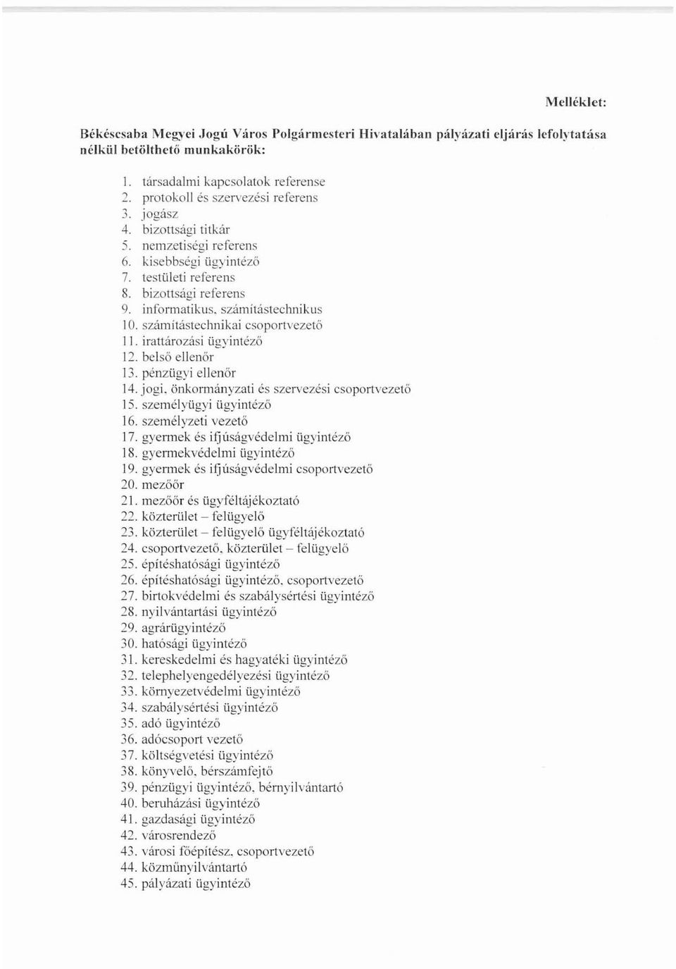 számítástechnikai csoportvczctö ll. irattározási ügyintéző 12. belső ellenőr 13. pénzügyi ellenőr 14. jogi. önkormányzati és szervezési Csop0rlvezctő 15. személyügyi ügyintéző ]6.