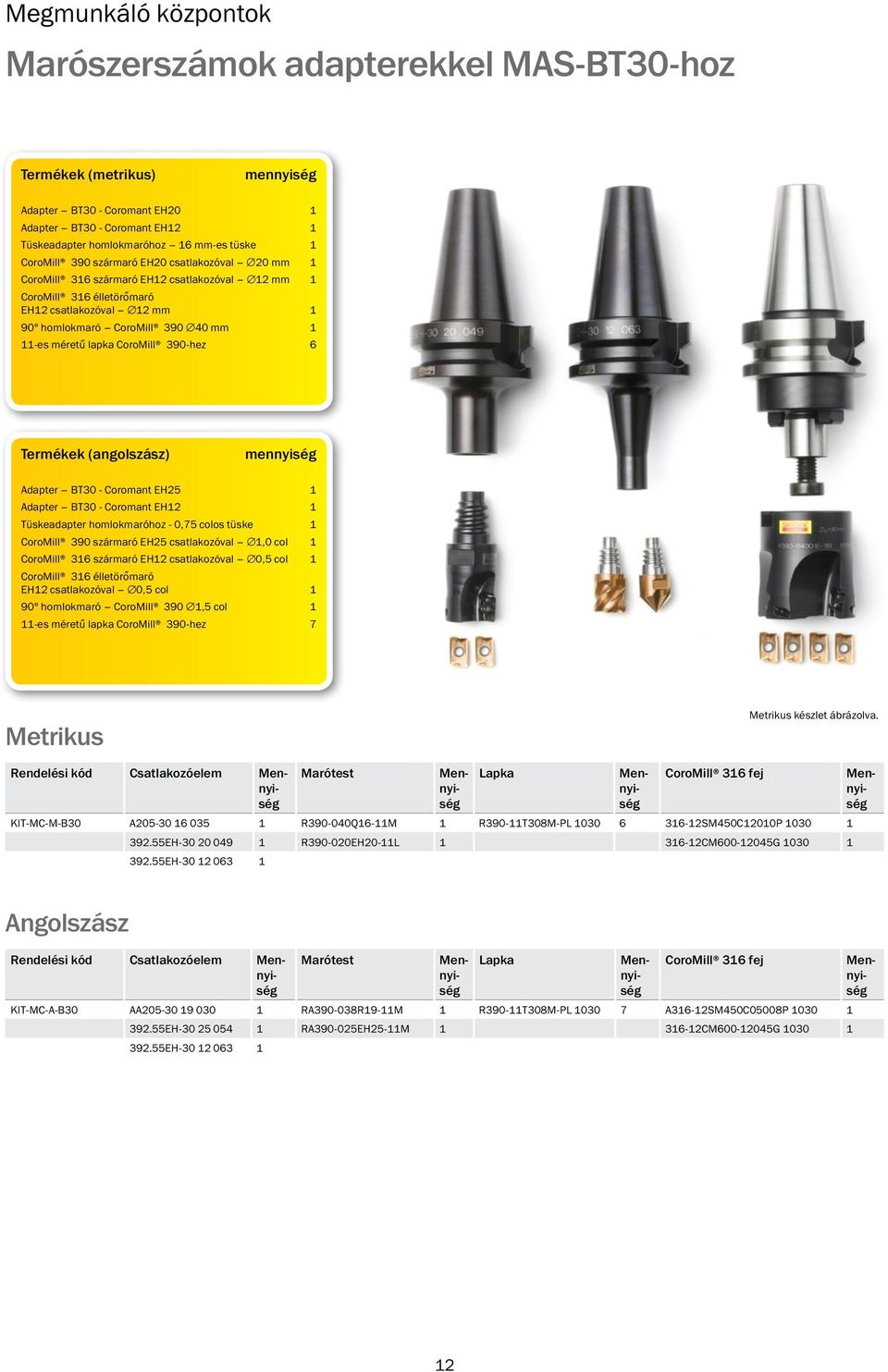 EH12 csatlakozóval 12 mm 1 90 homlokmaró CoroMill 390 40 mm 1 11-es méretű lapka CoroMill 390-hez 6 (angolszász) mennyiség Adapter BT30 - Coromant EH25 1 Adapter BT30 - Coromant EH12 1 Tüskeadapter
