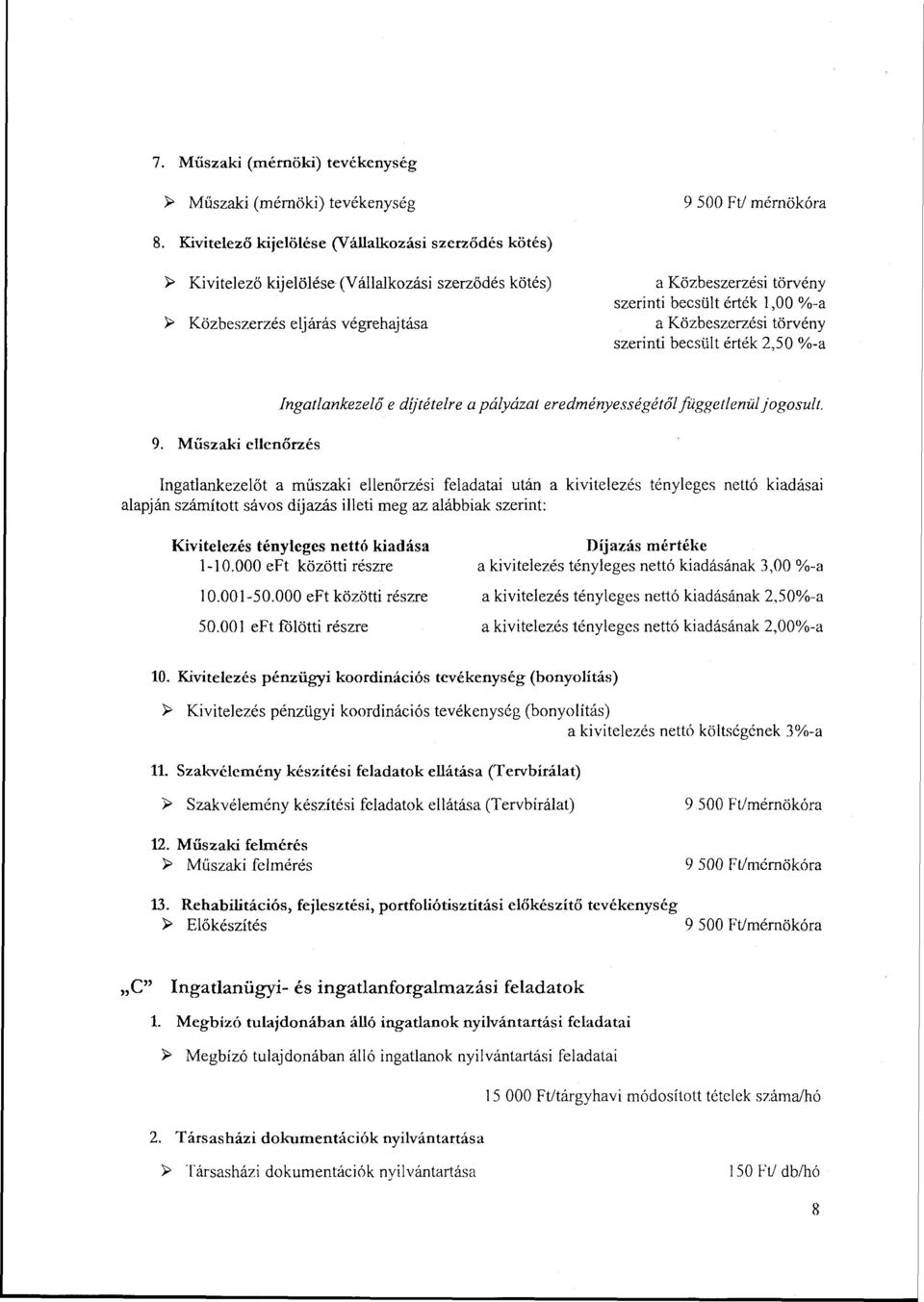 a Közbeszerzési törvény szerinti becsült érték 2,50 %-a 9. Műszaki ellenőrzés Ingatlankezelő e díjtételre a pályázat eredményességétől függetlenül jogosult.