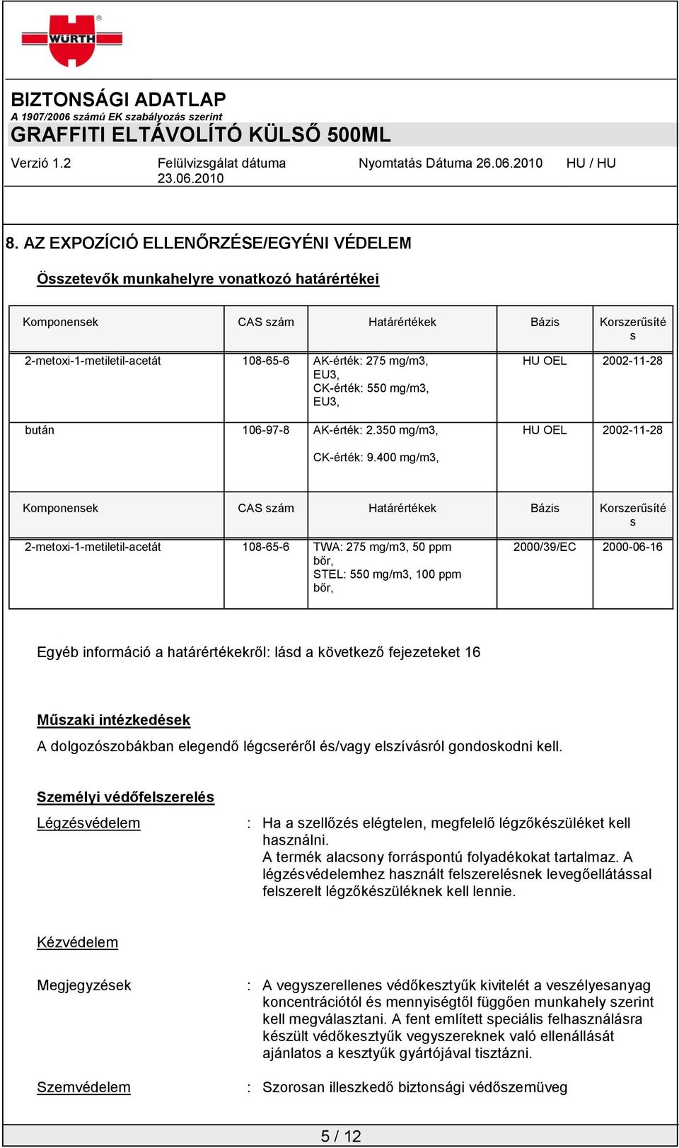 400 mg/m3, Komponensek CAS szám Határértékek Bázis Korszerűsíté s 2-metoxi-1-metiletil-acetát 108-65-6 TWA: 275 mg/m3, 50 ppm bőr, STEL: 550 mg/m3, 100 ppm bőr, 2000/39/EC 2000-06-16 Egyéb információ