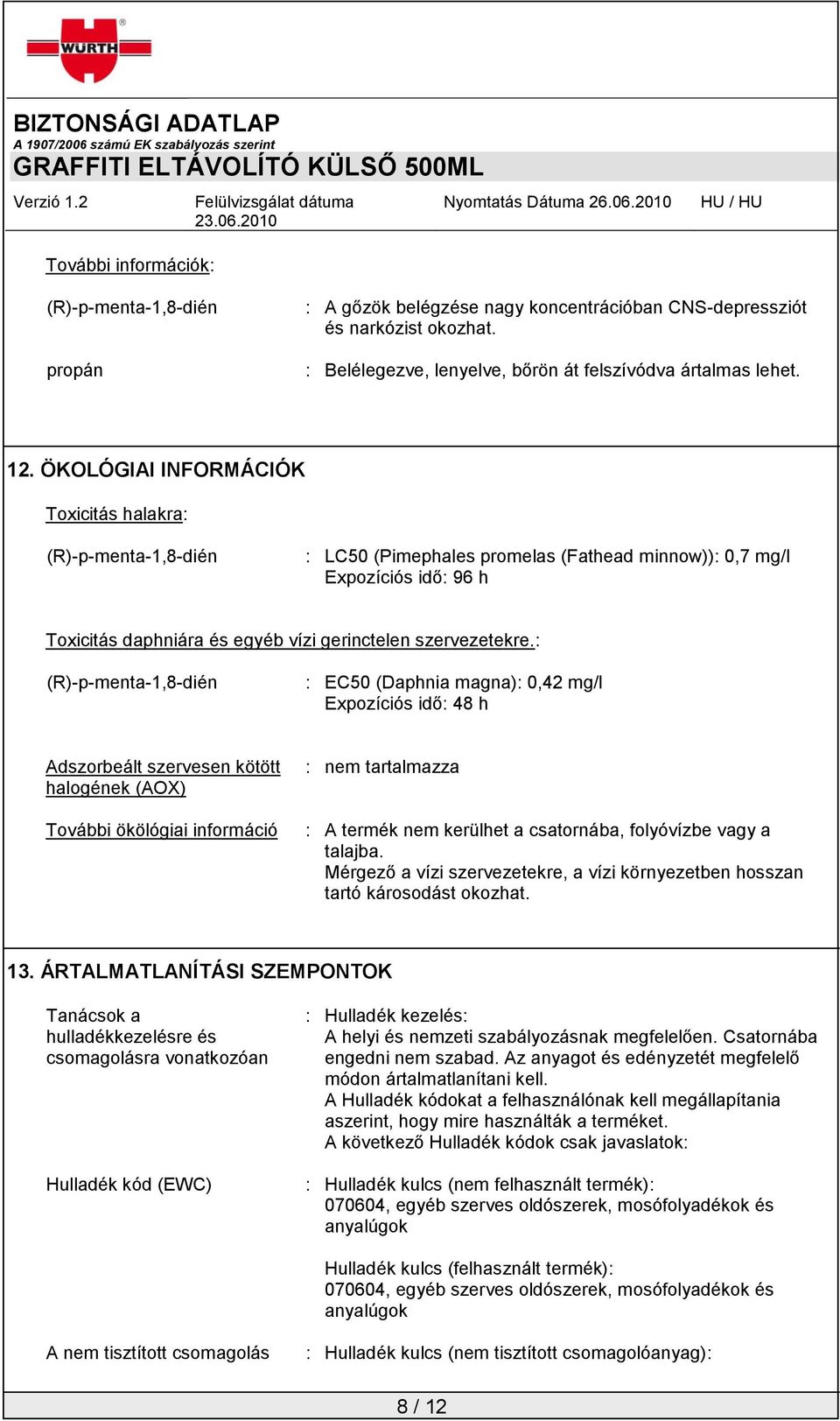 : (R)-p-menta-1,8-dién : EC50 (Daphnia magna): 0,42 mg/l Expozíciós idő: 48 h Adszorbeált szervesen kötött halogének (AOX) További ökölógiai információ : nem tartalmazza : A termék nem kerülhet a