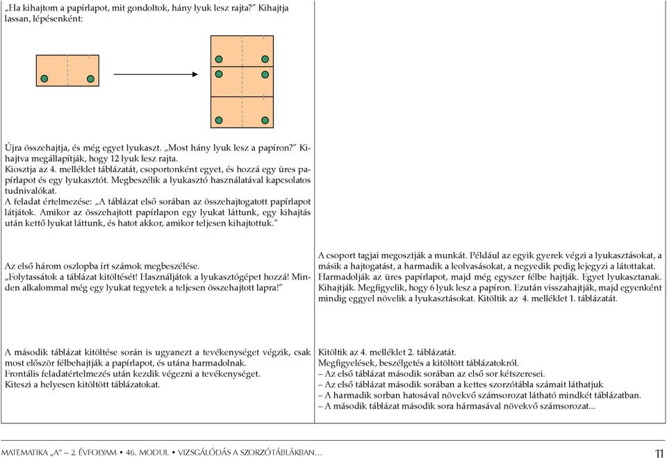 Megbeszélik a lyukasztó használatával kapcsolatos tudnivalókat. A feladat értelmezése: A táblázat első sorában az összehajtogatott papírlapot látjátok.