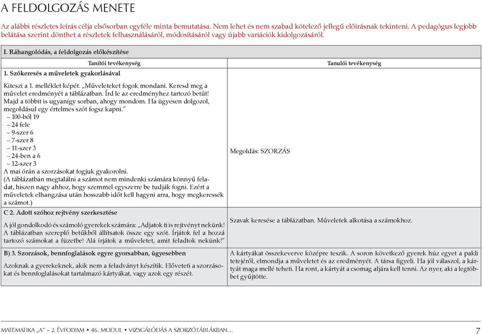 Szókeresés a műveletek gyakorlásával Kiteszi a 1. melléklet képét. Műveleteket fogok mondani. Keresd meg a művelet eredményét a táblázatban. Írd le az eredményhez tartozó betűt!