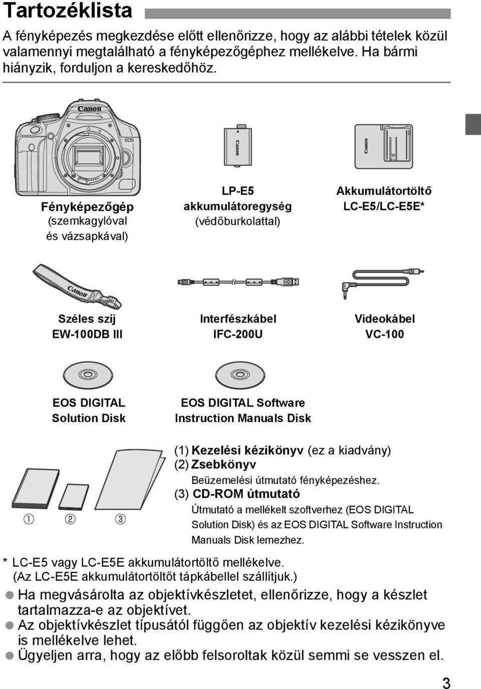 EOS DIGITAL Software Instruction Manuals Dis (1) Kezelési éziönyv (ez a iadvány) (2) Zsebönyv Beüzemelési útmutató fényépezéshez.