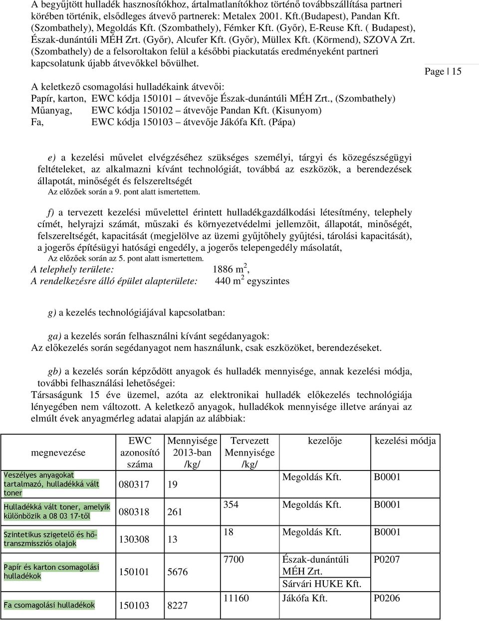 (Szombathely) de a felsoroltakon felül a későbbi piackutatás eredményeként partneri kapcsolatunk újabb átvevőkkel bővülhet.