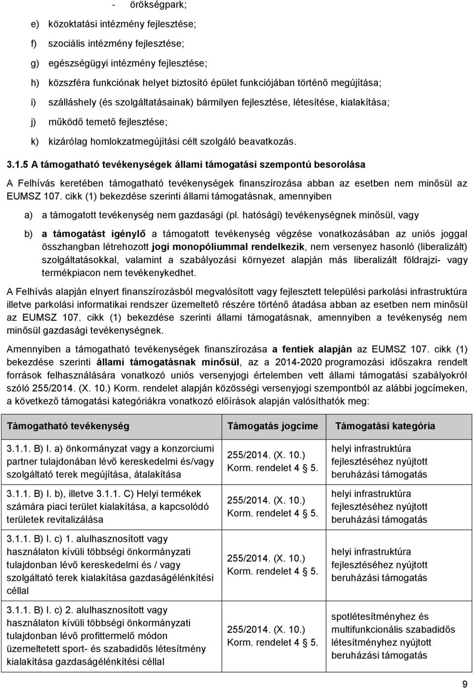 5 A támogatható tevékenységek állami támogatási szempontú besorolása A Felhívás keretében támogatható tevékenységek finanszírozása abban az esetben nem minősül az EUMSZ 107.