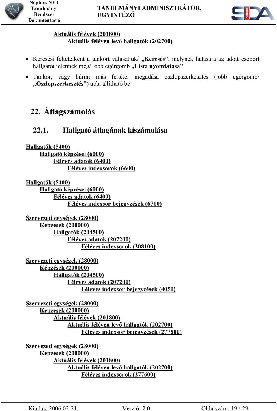 Hallgató átlagának kiszámolása Féléves indexsorok (6600) Féléves indexsor bejegyzések (6700) Féléves indexsorok (208100) Féléves indexsor bejegyzések (4050) Aktuális félévek (201800)