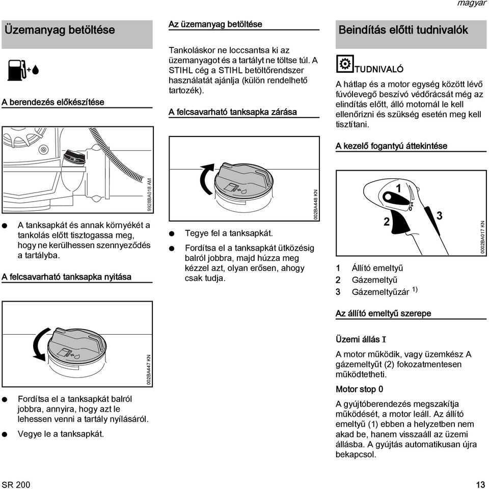A felcsavarható tanksapka zárása Beindítás előtti tudnivalók magyar TUDIVALÓ A hátlap és a motor egység között lévő fúvólevegő beszívó védőrácsát még az elindítás előtt, álló motornál le kell