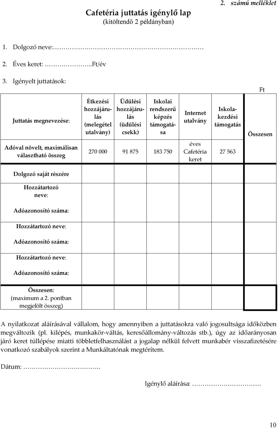 támogatás Összesen Adóval növelt, maximálisan választható összeg 270 000 91 875 183 750 éves Cafetéria keret 27 563 Dolgozó saját részére Hozzátartozó neve: Adóazonosító száma: Hozzátartozó neve: