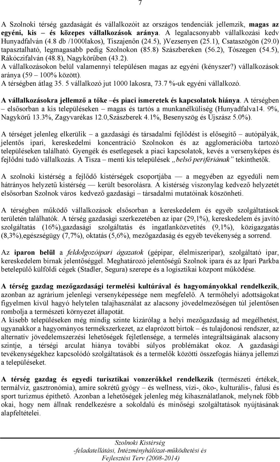 8), Nagykörűben (43.2). A vállalkozásokon belül valamennyi településen magas az egyéni (kényszer?) vállalkozások aránya (59 100% között). A térségben átlag 35. 5 vállalkozó jut 1000 lakosra, 73.