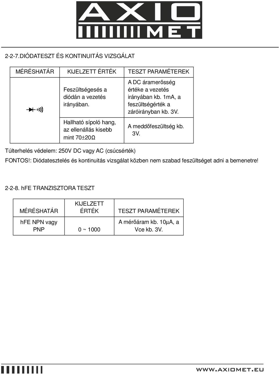 A meddıfeszültség kb. 3V. Túlterhelés védelem: 250V DC vagy AC (csúcsérték) FONTOS!