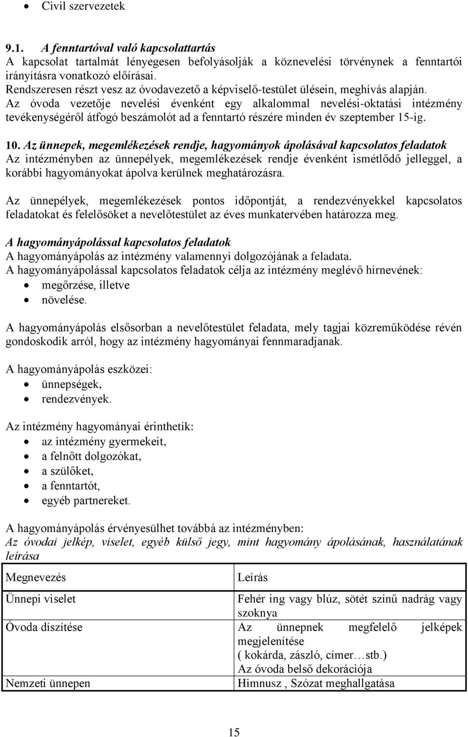 Az óvoda vezetője nevelési évenként egy alkalommal nevelési-oktatási intézmény tevékenységéről átfogó beszámolót ad a fenntartó részére minden év szeptember 15-ig. 10.