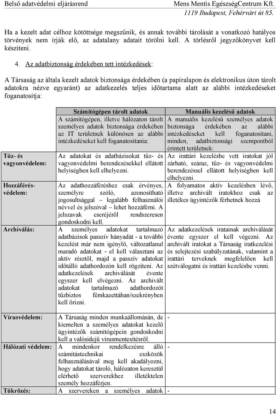 időtartama alatt az alábbi intézkedéseket foganatosítja: Tűz- és vagyonvédelem: Hozzáférésvédelem: Archiválás: Számítógépen tárolt adatok A számítógépen, illetve hálózaton tárolt személyes adatok