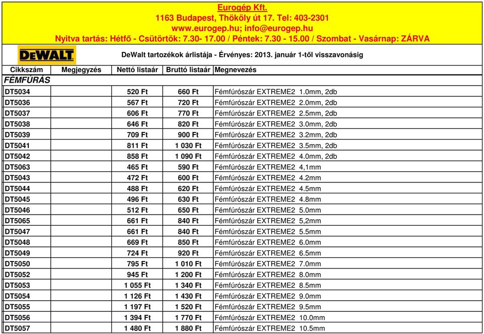 0mm, 2db DT5036 567 Ft 720 Ft Fémfúrószár EXTREME2 2.0mm, 2db DT5037 606 Ft 770 Ft Fémfúrószár EXTREME2 2.5mm, 2db DT5038 646 Ft 820 Ft Fémfúrószár EXTREME2 3.