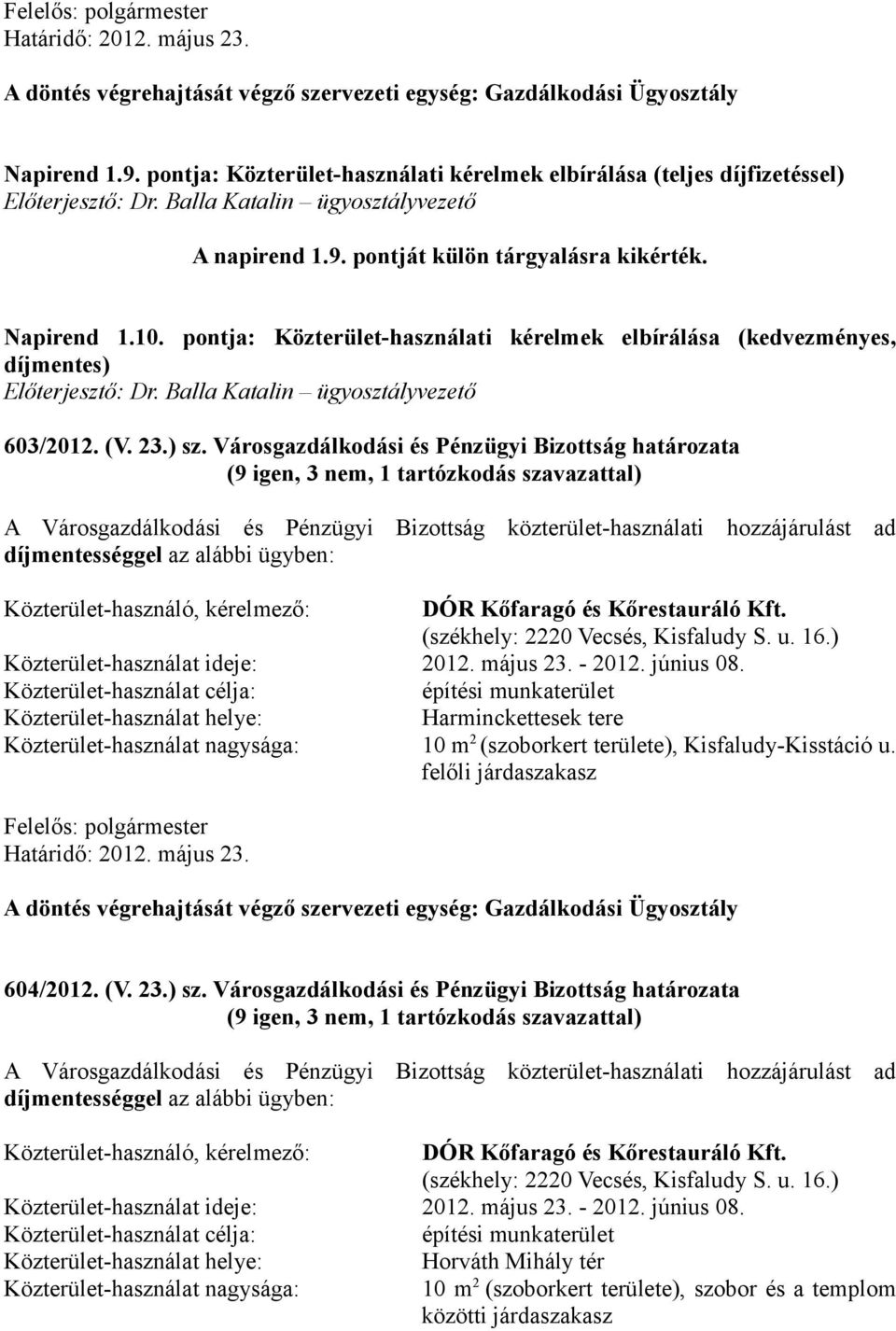 Városgazdálkodási és Pénzügyi Bizottság határozata A Városgazdálkodási és Pénzügyi Bizottság közterület-használati hozzájárulást ad díjmentességgel az alábbi ügyben: Közterület-használó, kérelmező: