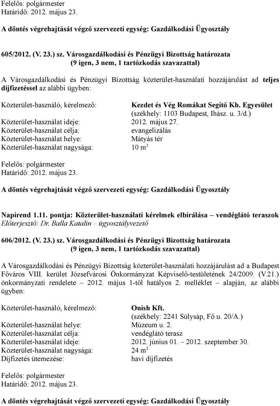 kérelmező: Kezdet és Vég Romákat Segítő Kh. Egyesület (székhely: 1103 Budapest, Ihász. u. 3/d.) Közterület-használat ideje: 2012. május 27.