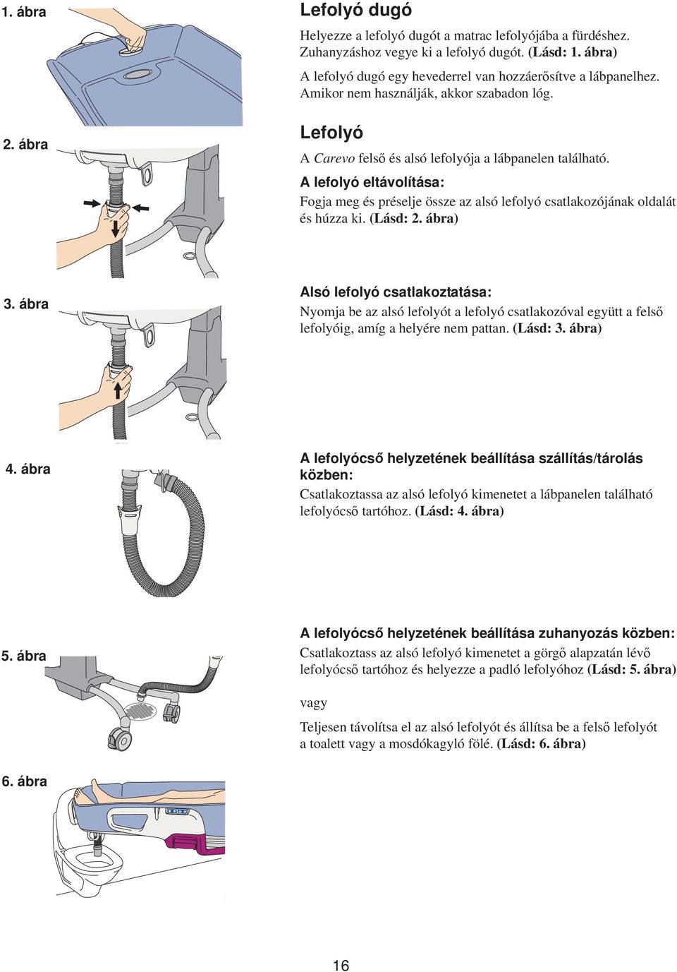 A lefolyó eltávolítása: Fogja meg és préselje össze az alsó lefolyó csatlakozójának oldalát és húzza ki. (Lásd: 2. ábra) 3.