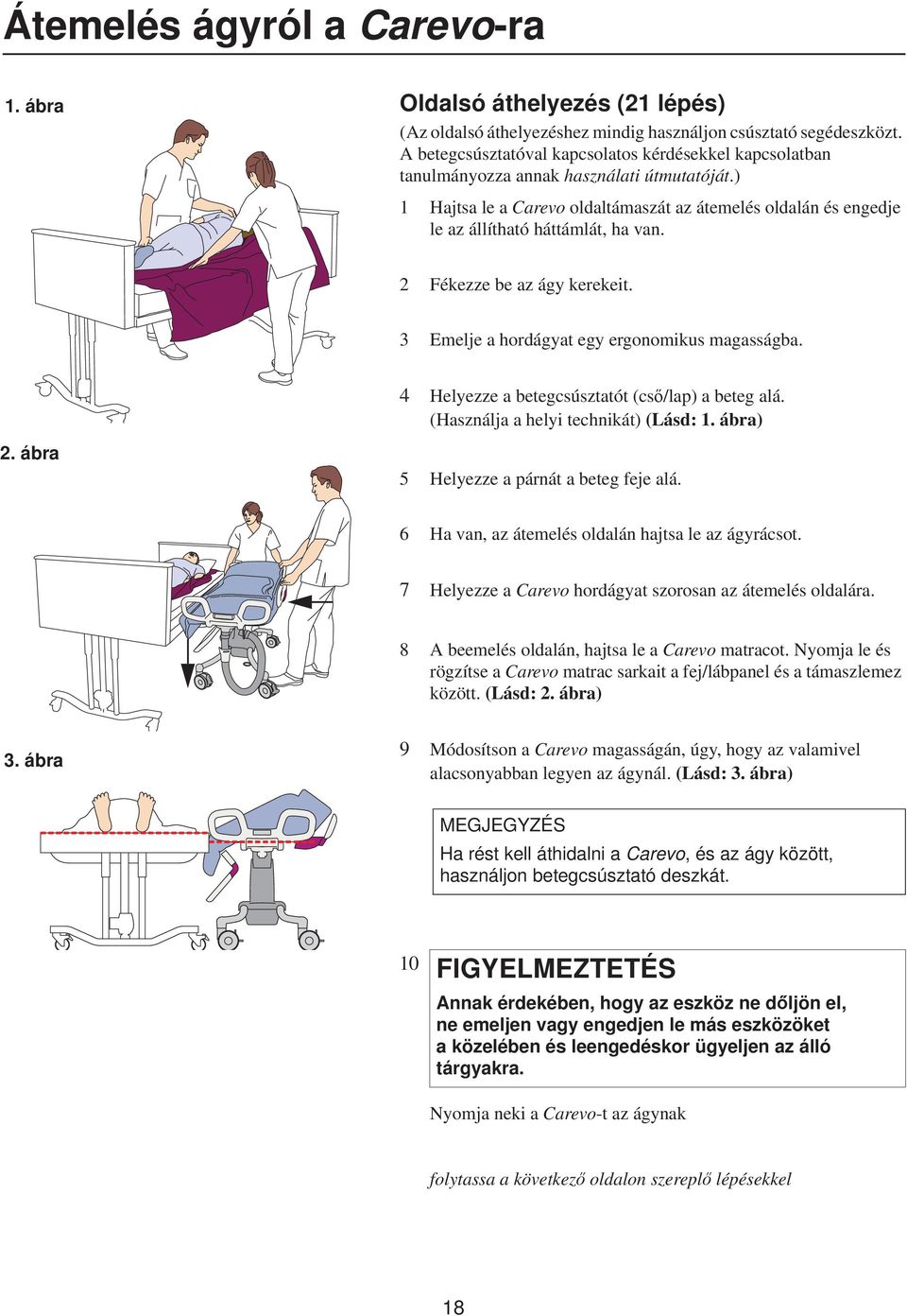 ) 1 Hajtsa le a Carevo oldaltámaszát az átemelés oldalán és engedje le az állítható háttámlát, ha van. 2 Fékezze be az ágy kerekeit. 3 Emelje a hordágyat egy ergonomikus magasságba.