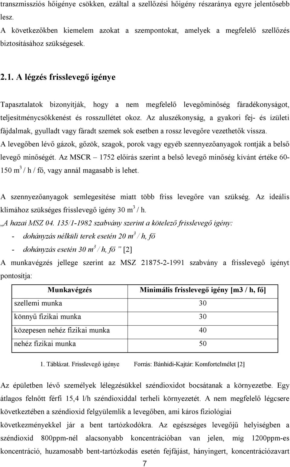 A légzés frisslevegő igénye Tapasztalatok bizonyítják, hogy a nem megfelelő levegőminőség fáradékonyságot, teljesítménycsökkenést és rosszullétet okoz.