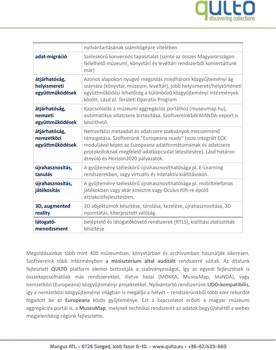 rendszerből konvertáltunk már) Azonos alapokon nyugvó megoldás mindhárom közgyűjteményi ág számára (könyvtár, múzeum, levéltár), jobb helyismereti/helytörténeti együttműködési lehetőség a különböző