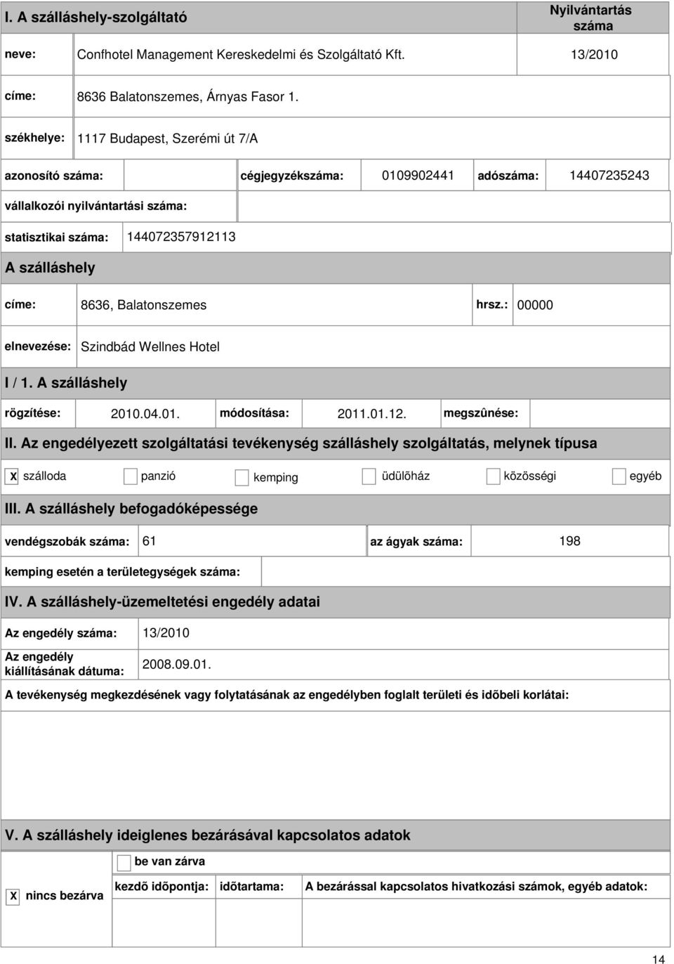 : 00000 Szindbád Wellnes Hotel rögzítése: 2010.04.01. módosítása: 2011.01.12. megszûnése: II.