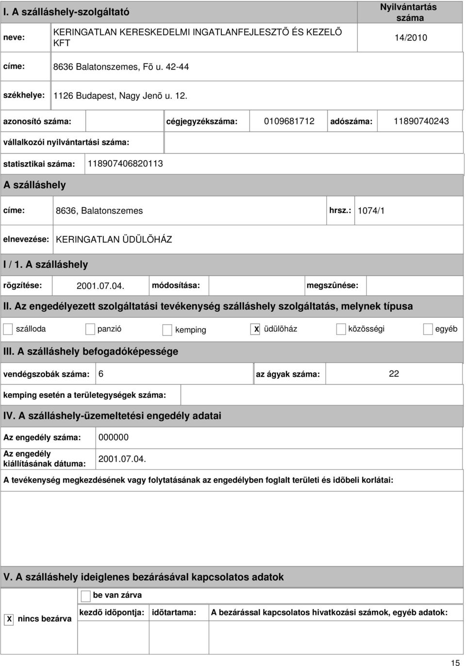 : 1074/1 KERINGATLAN ÜDÜLÕHÁZ rögzítése: 2001.07.04. módosítása: megszûnése: II.