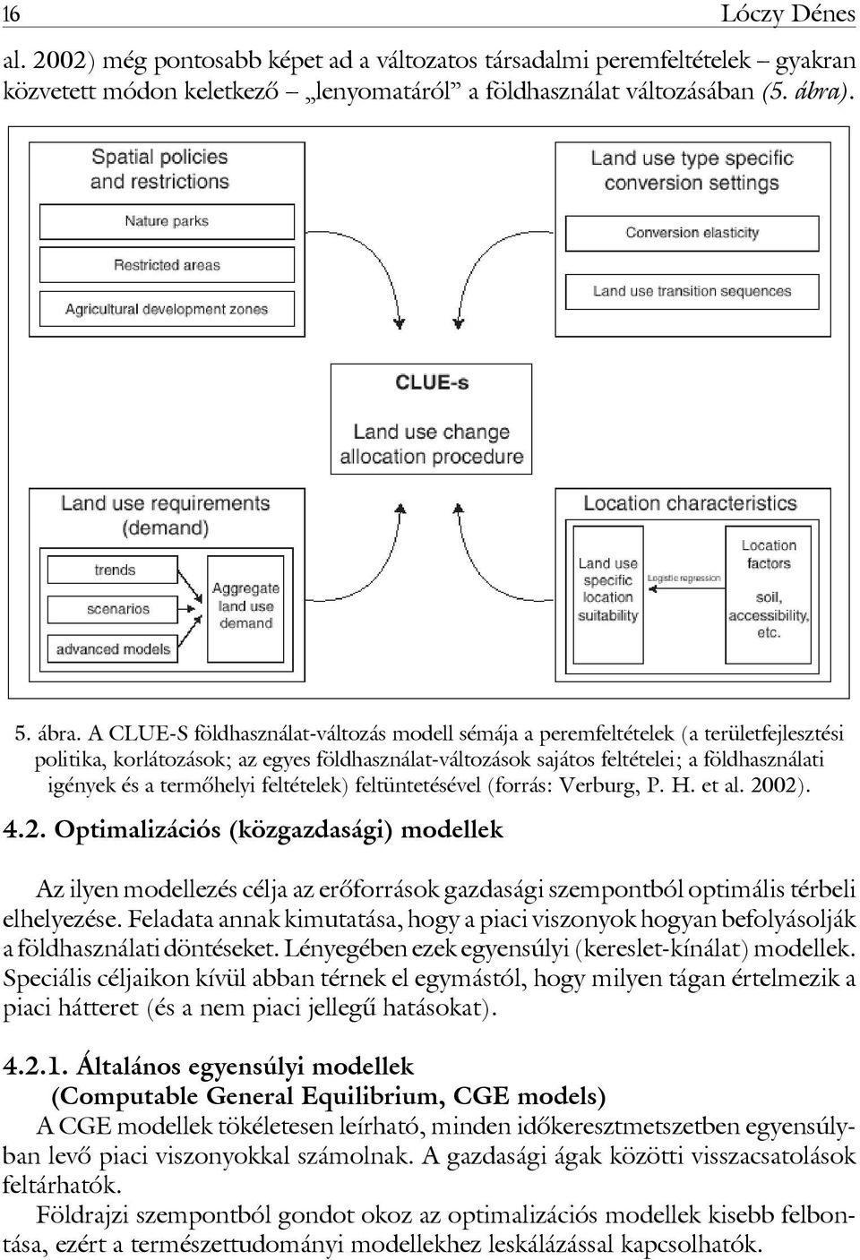 A CLUE-S földhasználat-változás modell sémája a peremfeltételek (a területfejlesztési politika, korlátozások; az egyes földhasználat-változások sajátos feltételei; a földhasználati igények és a