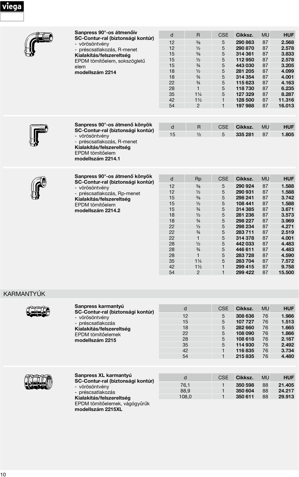 287 42 1½ 1 128 500 87 11.316 54 2 1 197 988 87 16.013 Sanpress 90 -os átmenő könyök vörösöntvény préscsatlakozás, R-menet EPDM tömítőelem modellszám 2214.1 d R CSE Cikksz. MU HUF 15 ½ 5 335 281 87 1.