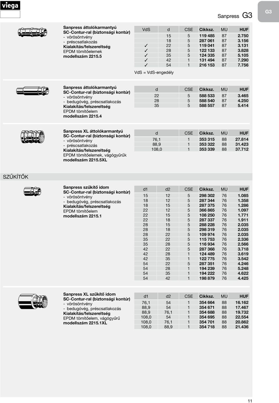 4 22 5 588 533 87 3.465 28 5 588 540 87 4.250 35 5 588 557 87 5.414 Sanpress XL áttolókarmantyú vörösöntvény préscsatlakozás EPDM tömítőelemek, vágógyűrűk modellszám 2215.5XL 76,1 1 353 315 88 27.