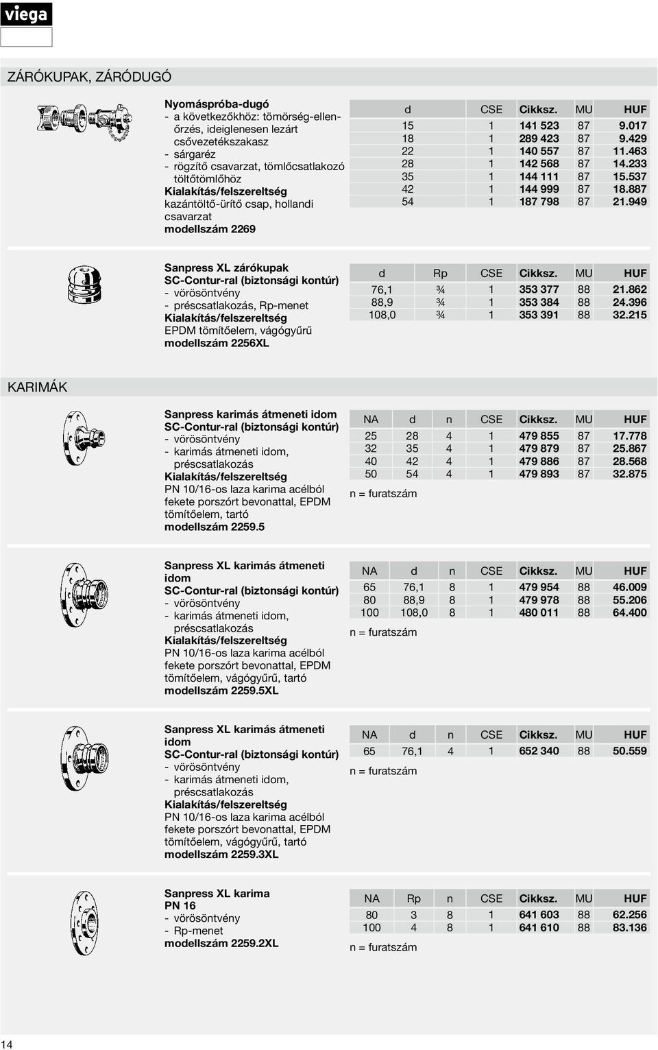 949 Sanpress XL zárókupak vörösöntvény EPDM tömítőelem, vágógyűrű modellszám 2256XL d Rp CSE Cikksz. MU HUF 76,1 ¾ 1 353 377 88 21.862 88,9 ¾ 1 353 384 88 24.396 108,0 ¾ 1 353 391 88 32.