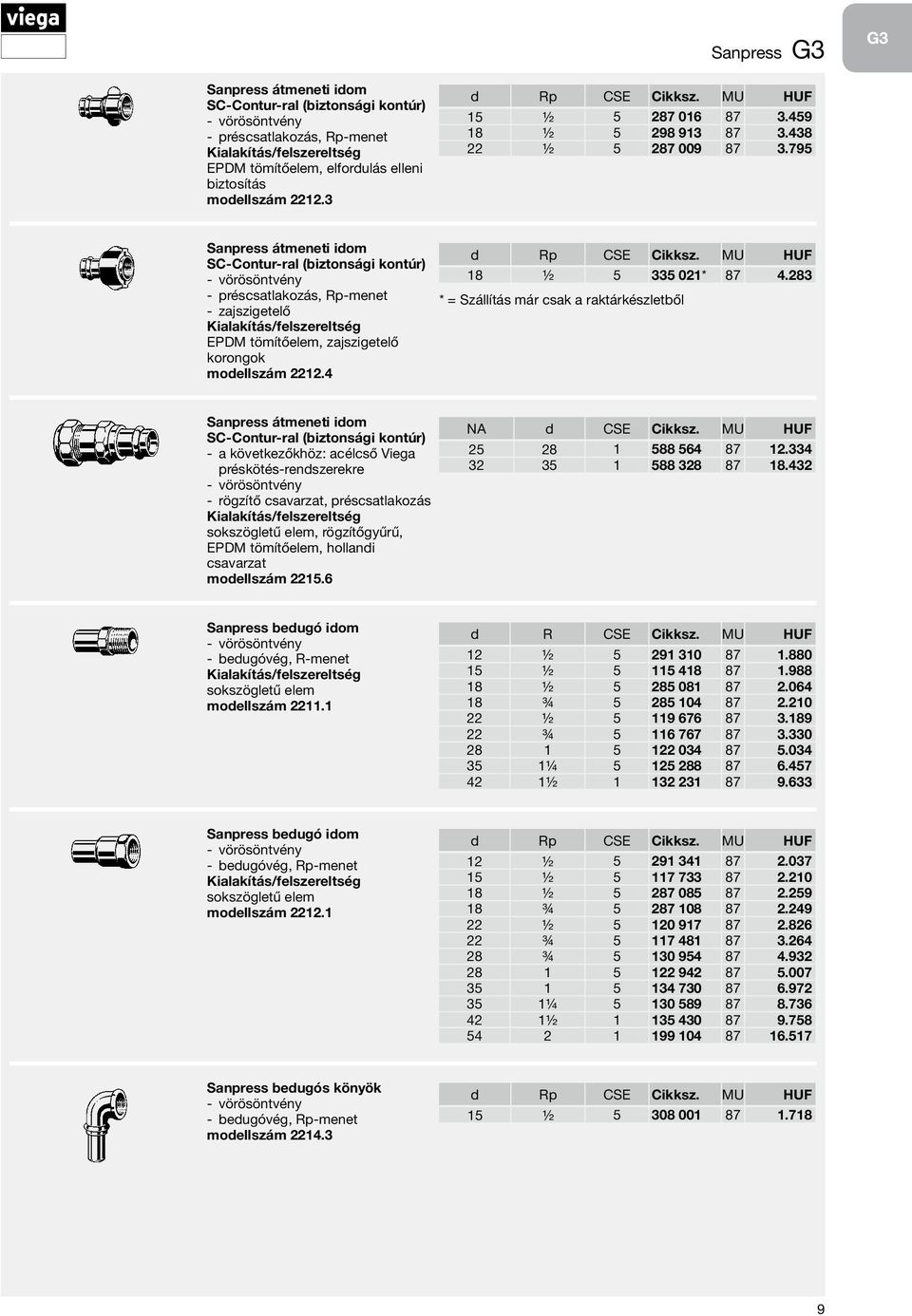 283 * = Szállítás már csak a raktárkészletből Sanpress átmeneti idom a következőkhöz: acélcső Viega préskötés-rendszerekre vörösöntvény rögzítő csavarzat, préscsatlakozás sokszögletű elem,