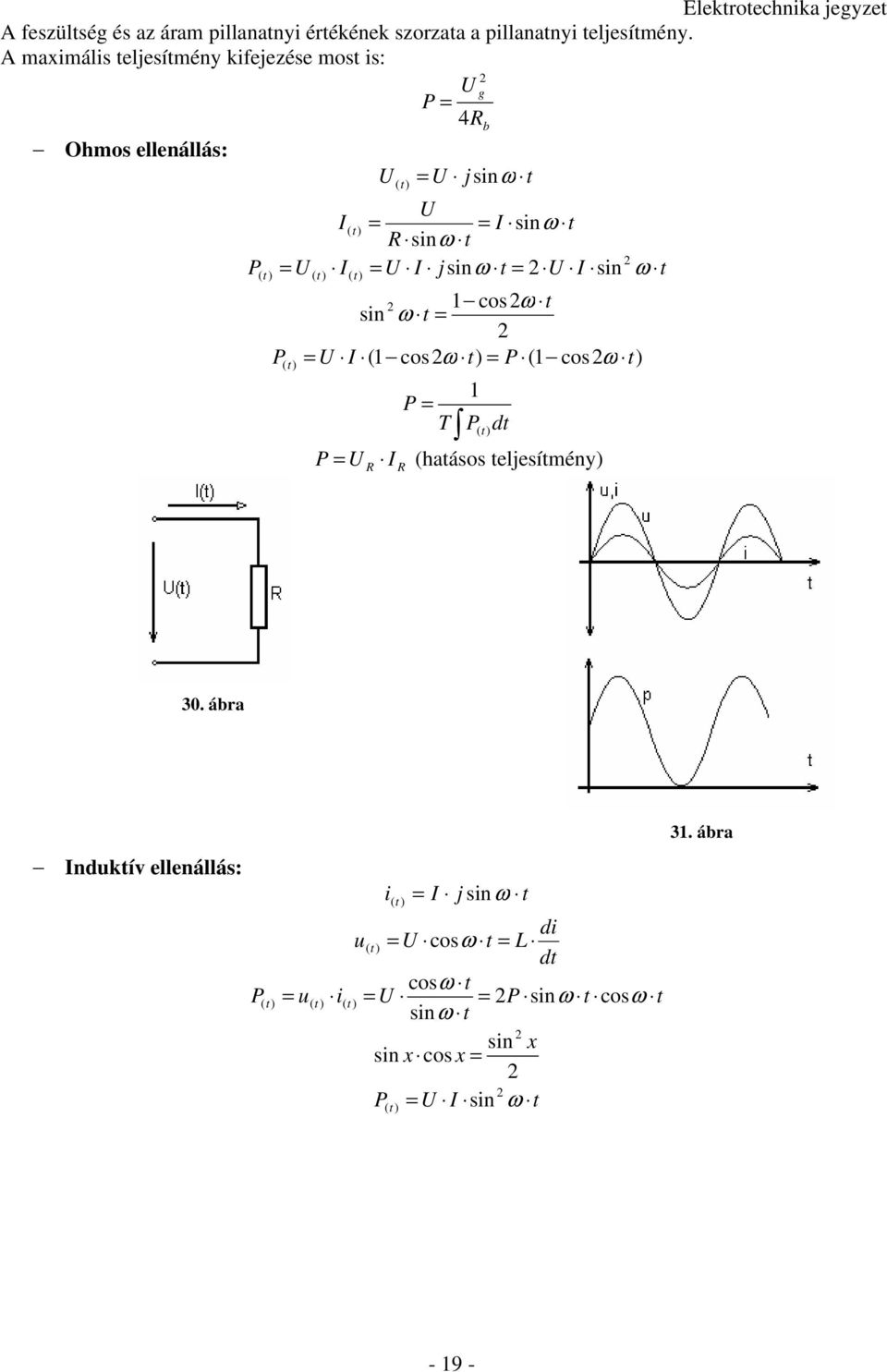 I ( t) I jsin ω t I sin ω t cosω t sin ω t I ( cosω t) P ( cosω ) P( t ) t P T P (t) dt P I (hatásos teljesítmény) 3.